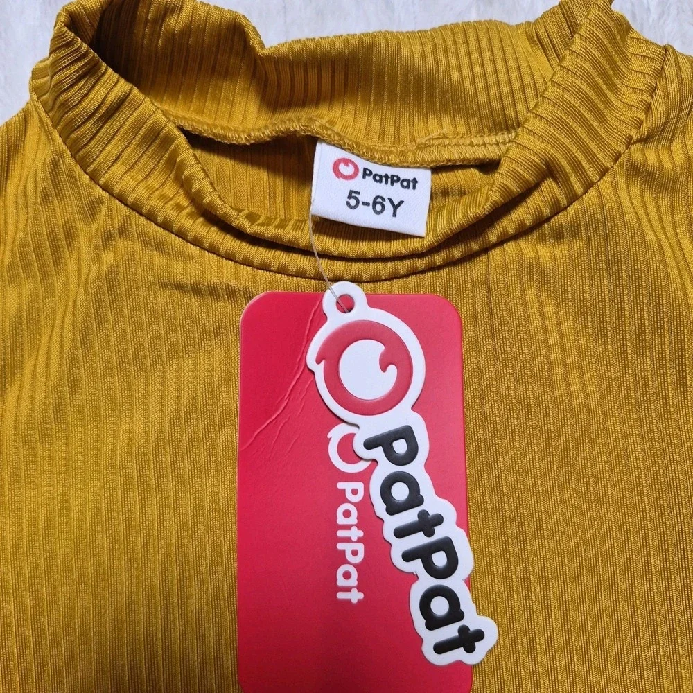 PatPat Kids Mustard Yellow Ribbed Mock Neck Popcorn Bubble Sleeve Top Size 5-6Y